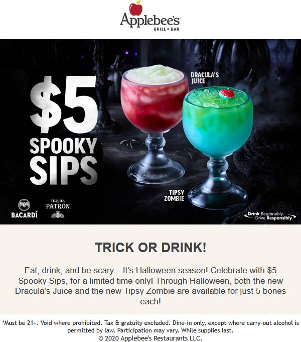 Applebees restaurants Coupon  $5 top-shelf Halloween cocktail drinks at Applebees #applebees 