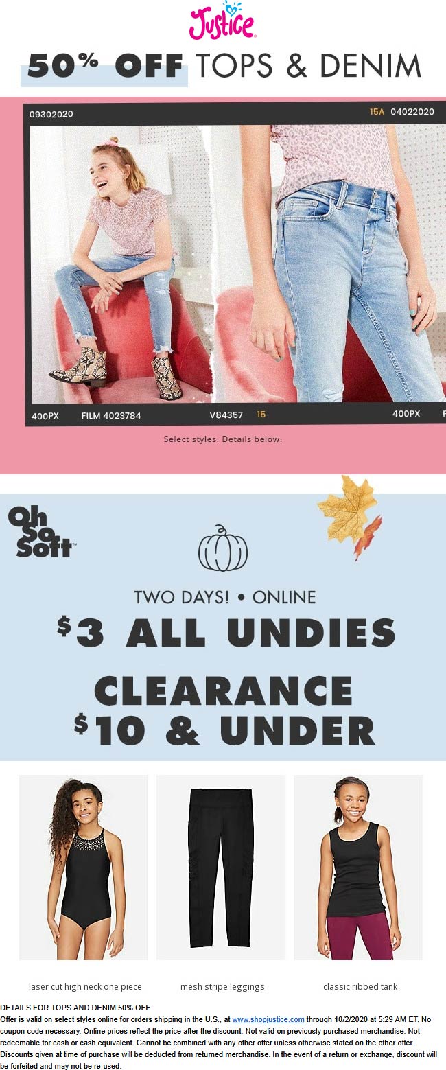 Justice stores Coupon  50% off girls tops & denim online at Justice #justice 