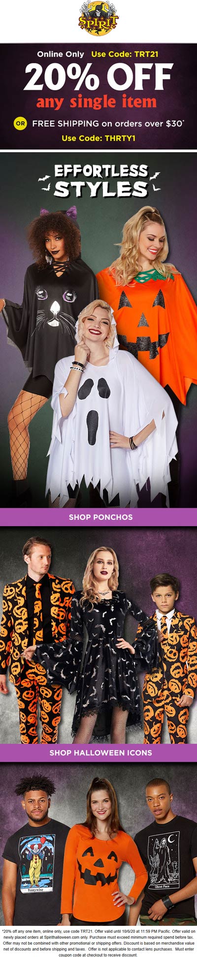 Spirit Halloween stores Coupon  20% off a single item online at Spirit Halloween via promo code TRT21 or free shipping via THRTY1 #spirithalloween 