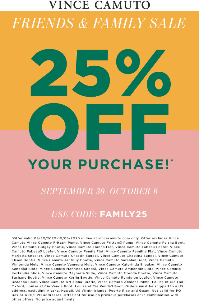 Vince Camuto stores Coupon  25% off online at Vince Camuto via promo code FAMILY25 #vincecamuto 