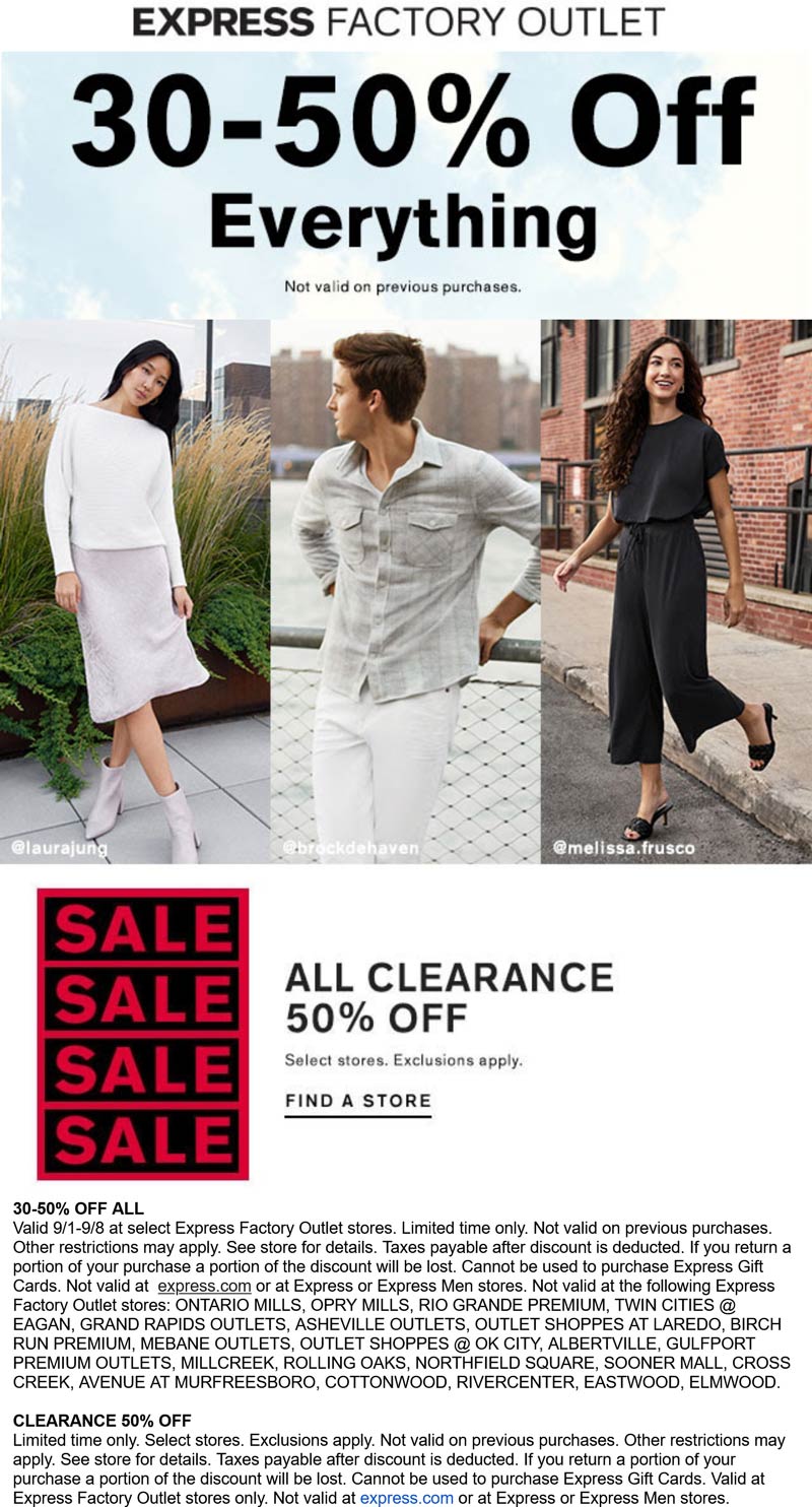 Express Factory Outlet stores Coupon  30-50% off everything at Express Factory Outlet #expressfactoryoutlet 