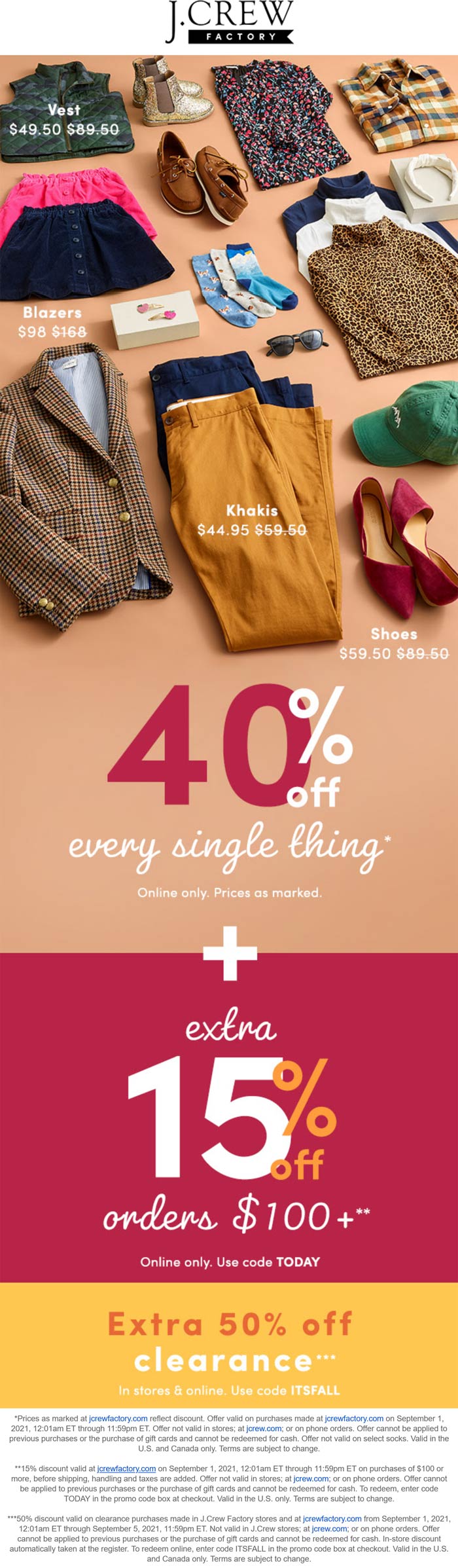 J.Crew Factory stores Coupon  40-55% off everything online today at J.Crew Factory via promo code TODAY #jcrewfactory 