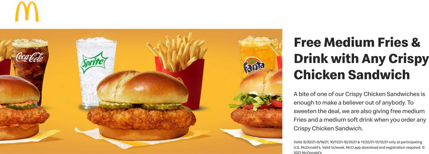 McDonalds restaurants Coupon  Free fries & drink with your chicken sandwich at McDonalds #mcdonalds 