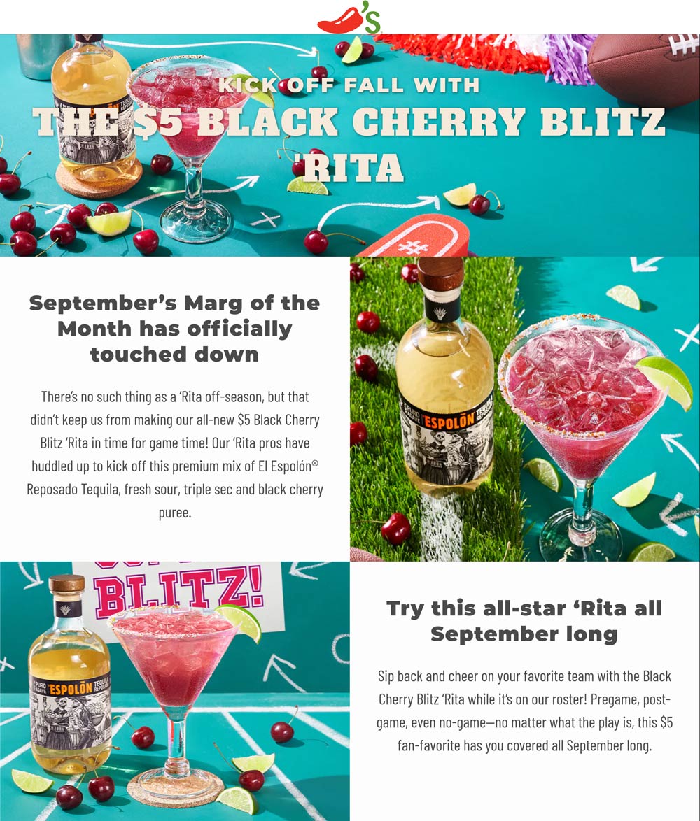 Chilis restaurants Coupon  $5 black cherry margarita all month at Chilis restaurants #chilis 