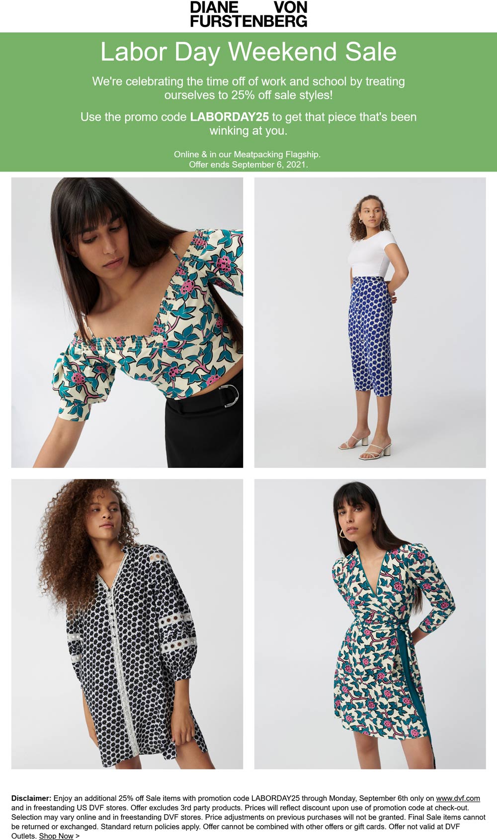 DVF stores Coupon  25% off sale items at DVF, or online via promo code LABORDAY25 #dvf 