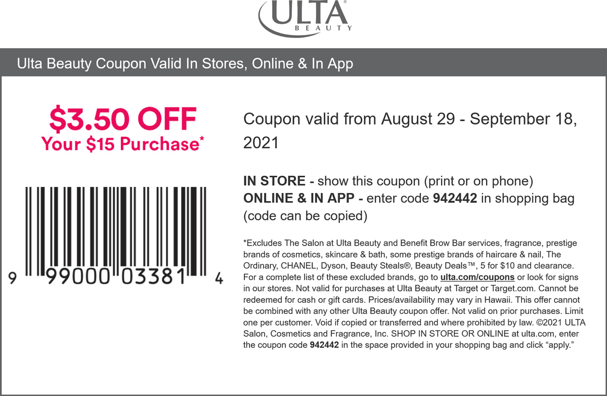 Ulta Beauty stores Coupon  $3.50 off $15 at Ulta Beauty, or online via promo code 942442 #ultabeauty 