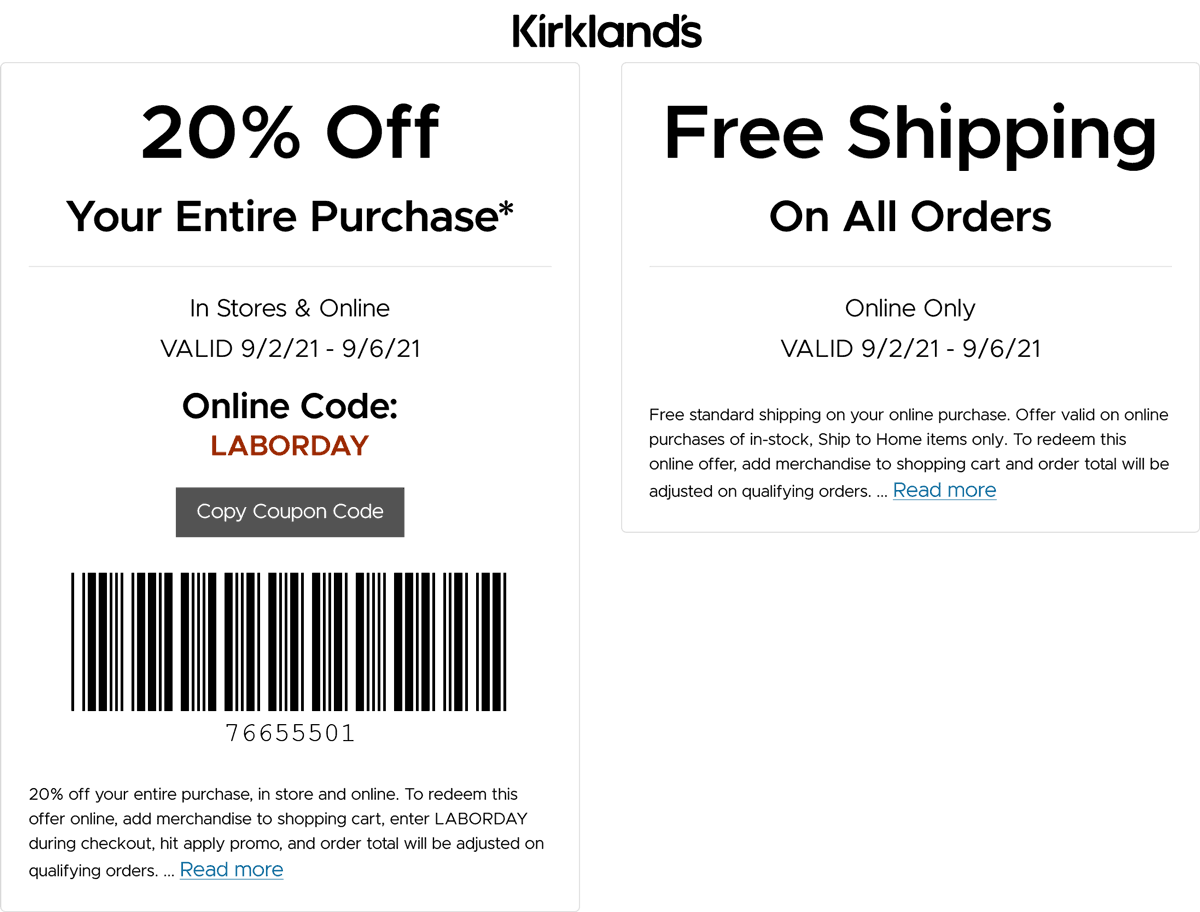 Kirklands stores Coupon  20% off everything at Kirklands, or online via promo code LABORDAY #kirklands 
