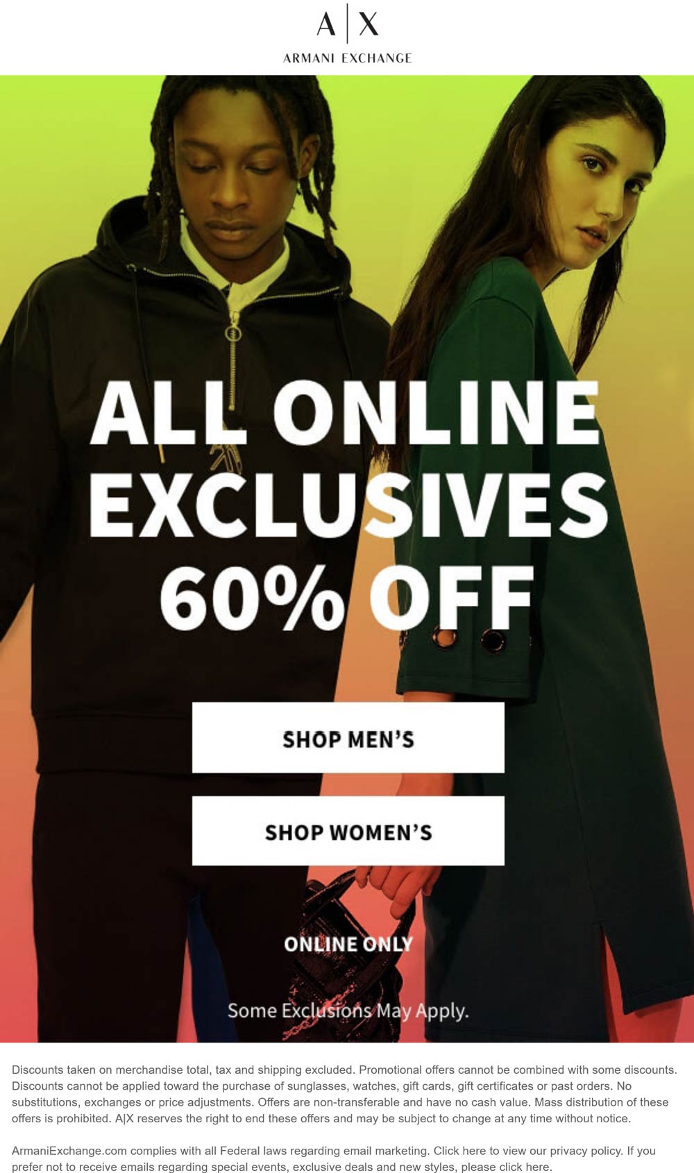 60% off all online exclusives at Armani Exchange #armaniexchange | The