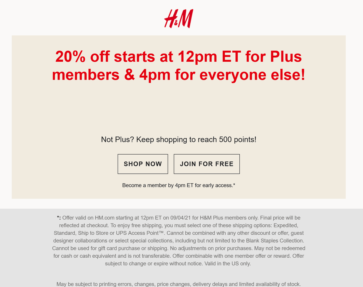 H&M stores Coupon  20% off after 4p today online at H&M #hm 