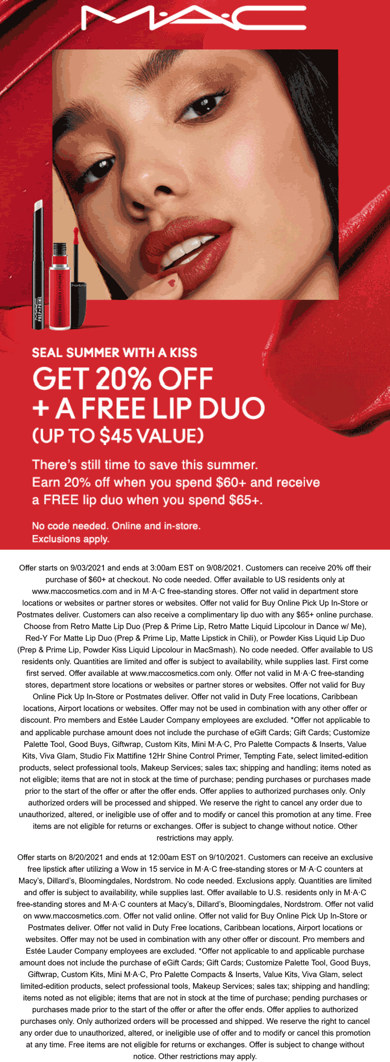 MAC stores Coupon  20% off + free lip duo on $65 at MAC Cosmetics #mac 