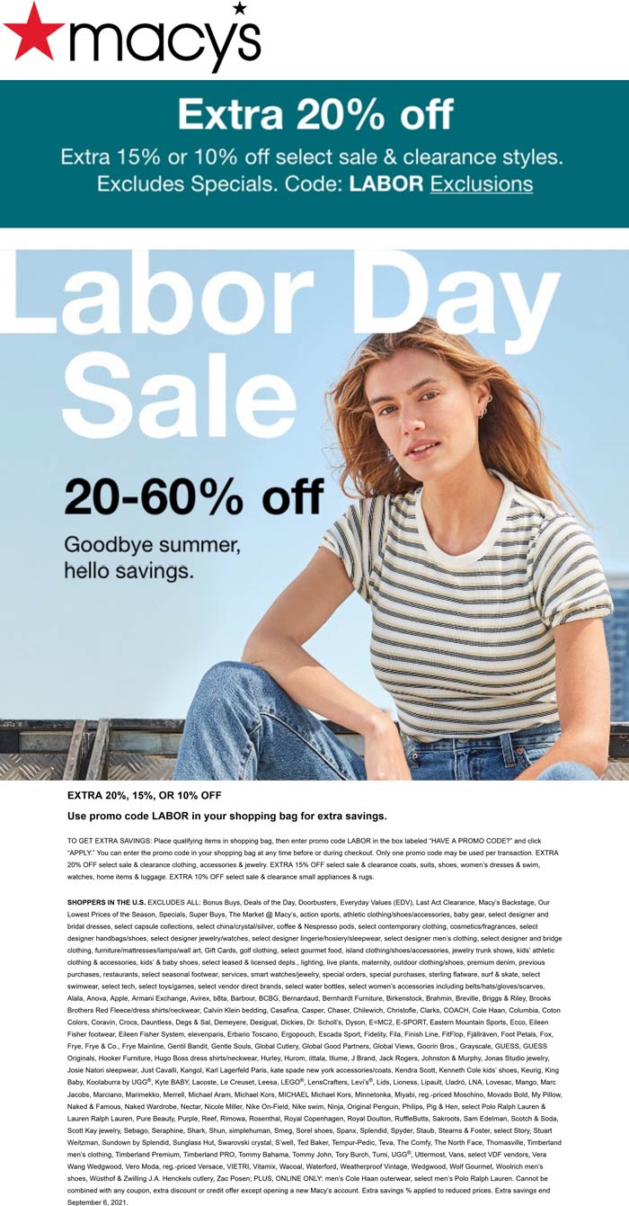 Macys stores Coupon  Extra 20% off at Macys via promo code LABOR #macys 
