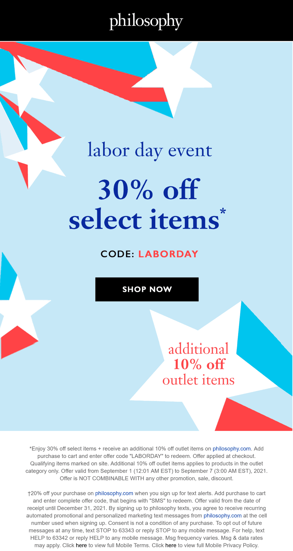 Philosophy stores Coupon  30-40% off at Philosophy via promo code LABORDAY #philosophy 