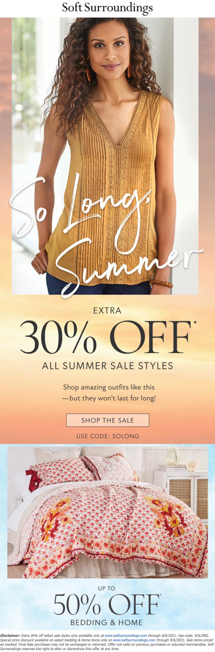 Soft Surroundings stores Coupon  Extra 30% off sale styles at Soft Surroundings via promo code SOLONG #softsurroundings 