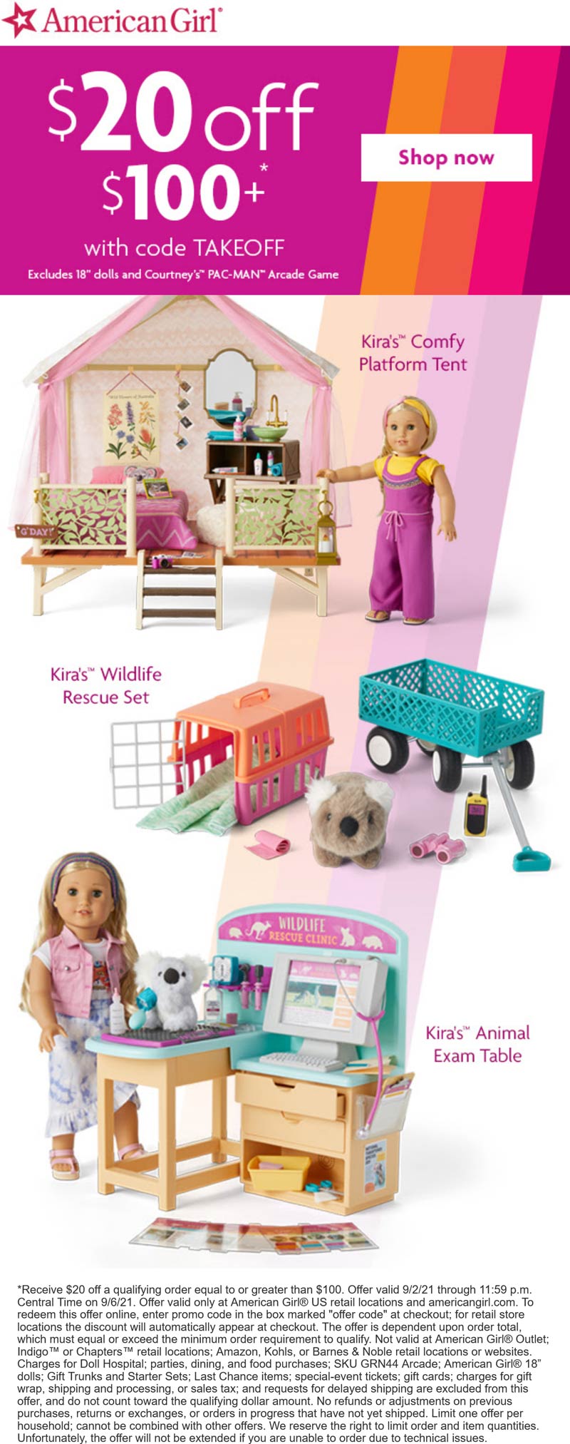 American Girl stores Coupon  $20 off $100 today at American Girl via promo code TAKEOFF #americangirl 
