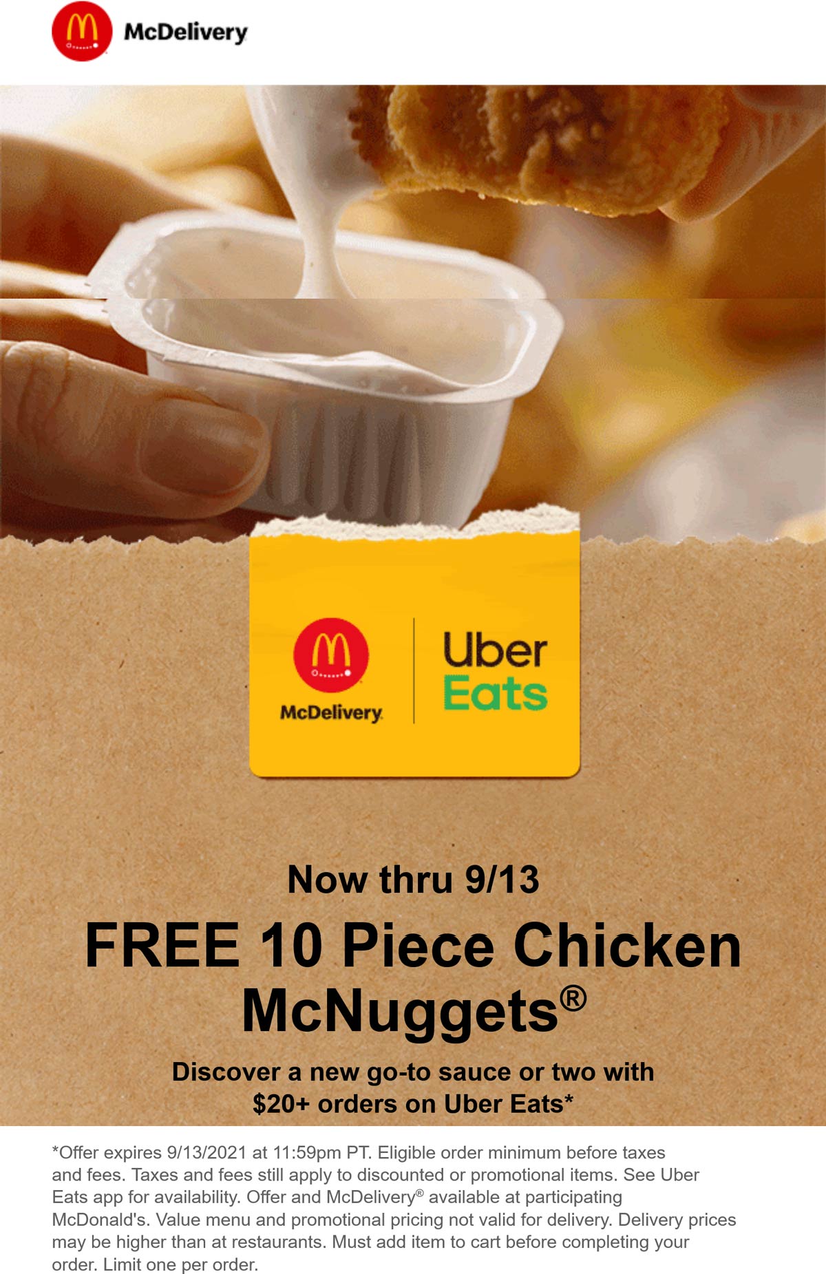 McDonalds restaurants Coupon  Free 10pc chicken mcnuggets with $20 delivered at McDonalds #mcdonalds 