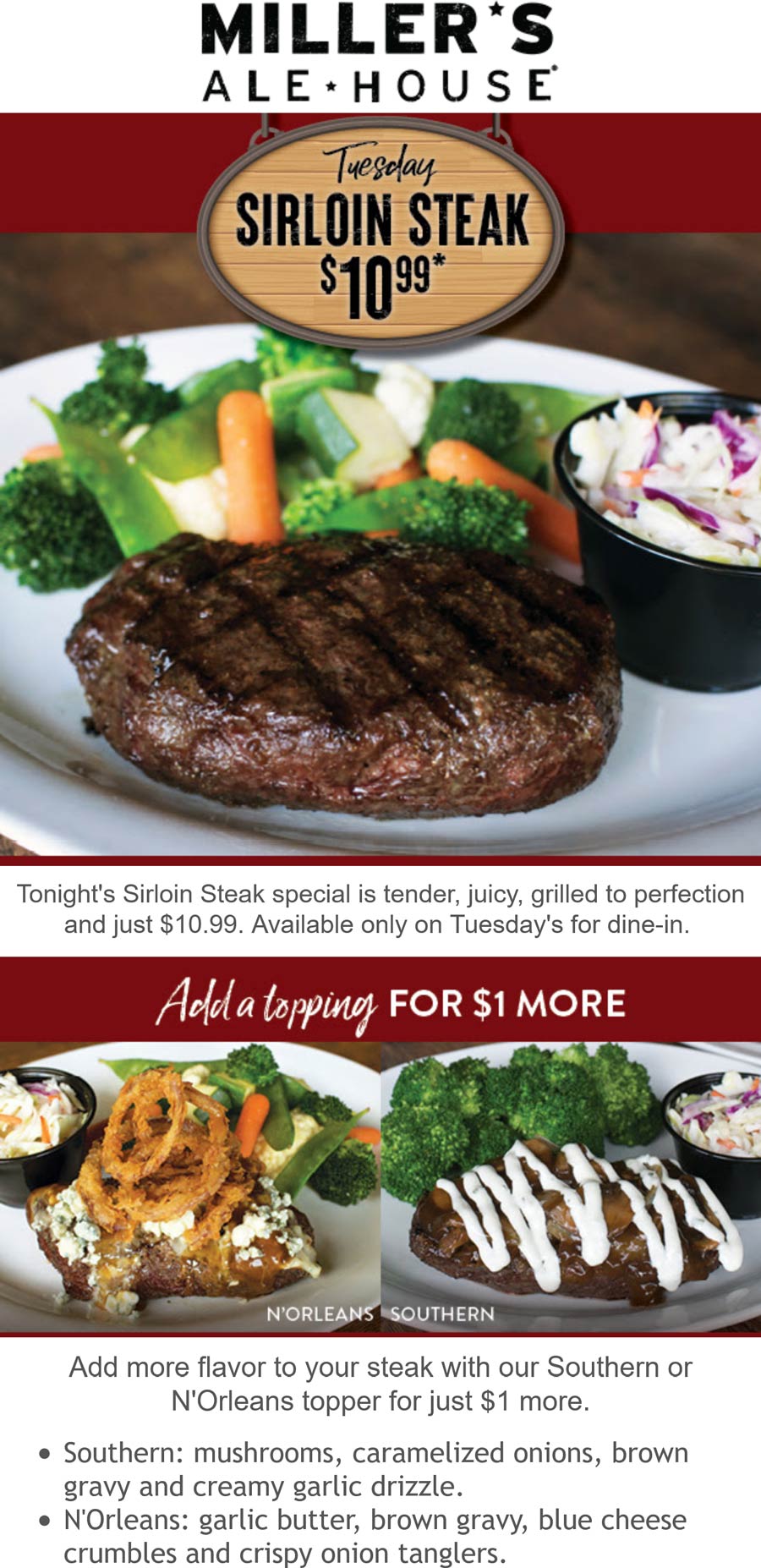 Millers Ale House restaurants Coupon  $11 sirloin steak meal Tuesdays at Millers Ale House #millersalehouse 