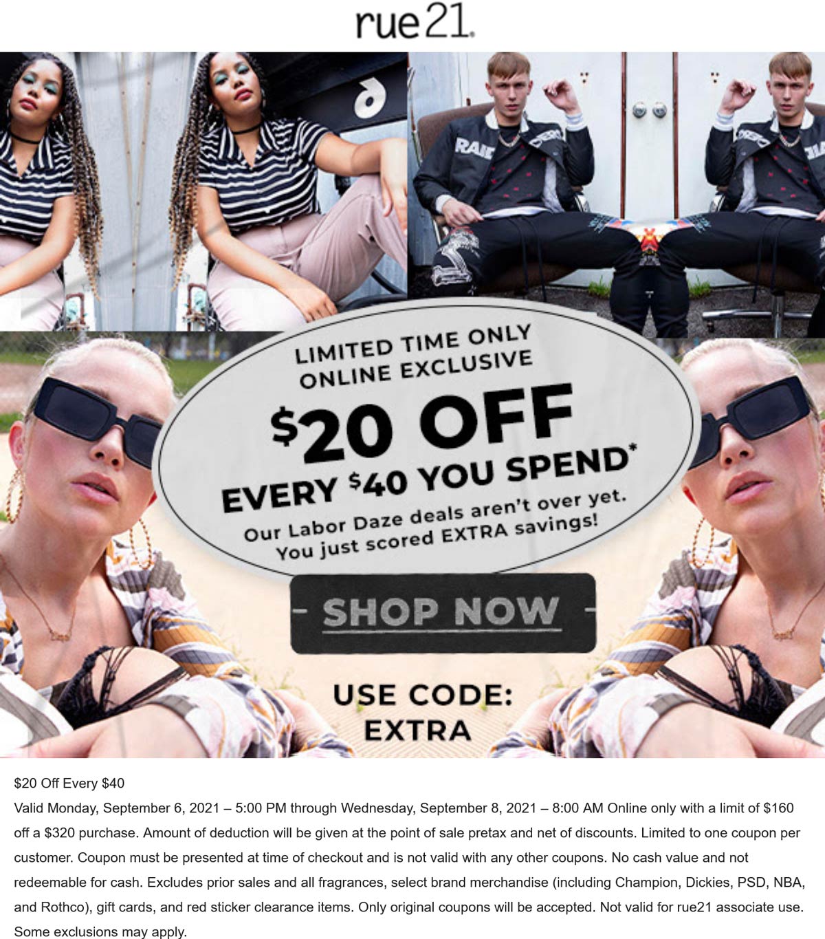 rue21 stores Coupon  $20 off every $40 today at rue21 via promo code EXTRA #rue21 