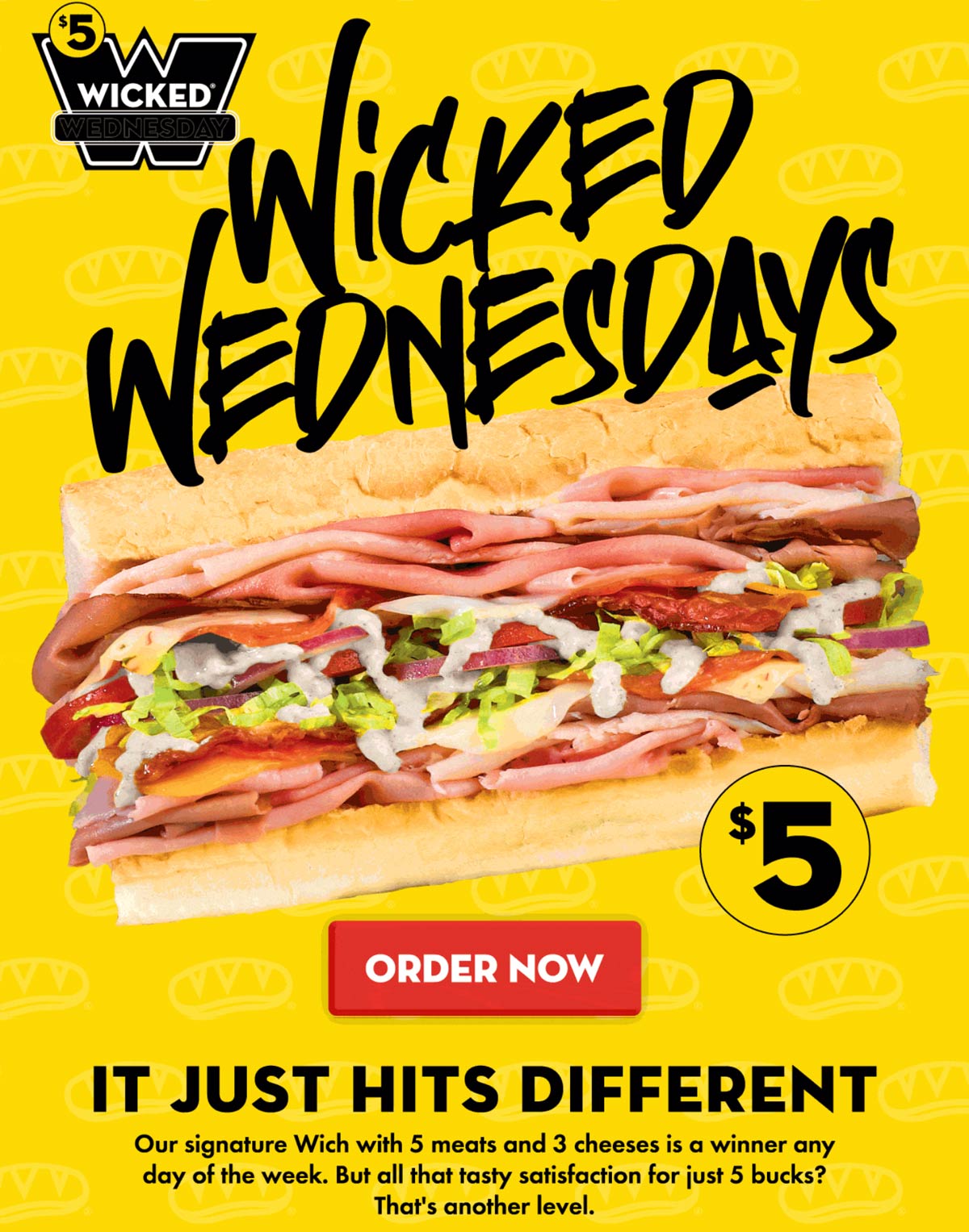 Which Wich restaurants Coupon  5 meats 3 cheese wicked sandwich = $5 today at Which Wich #whichwich 
