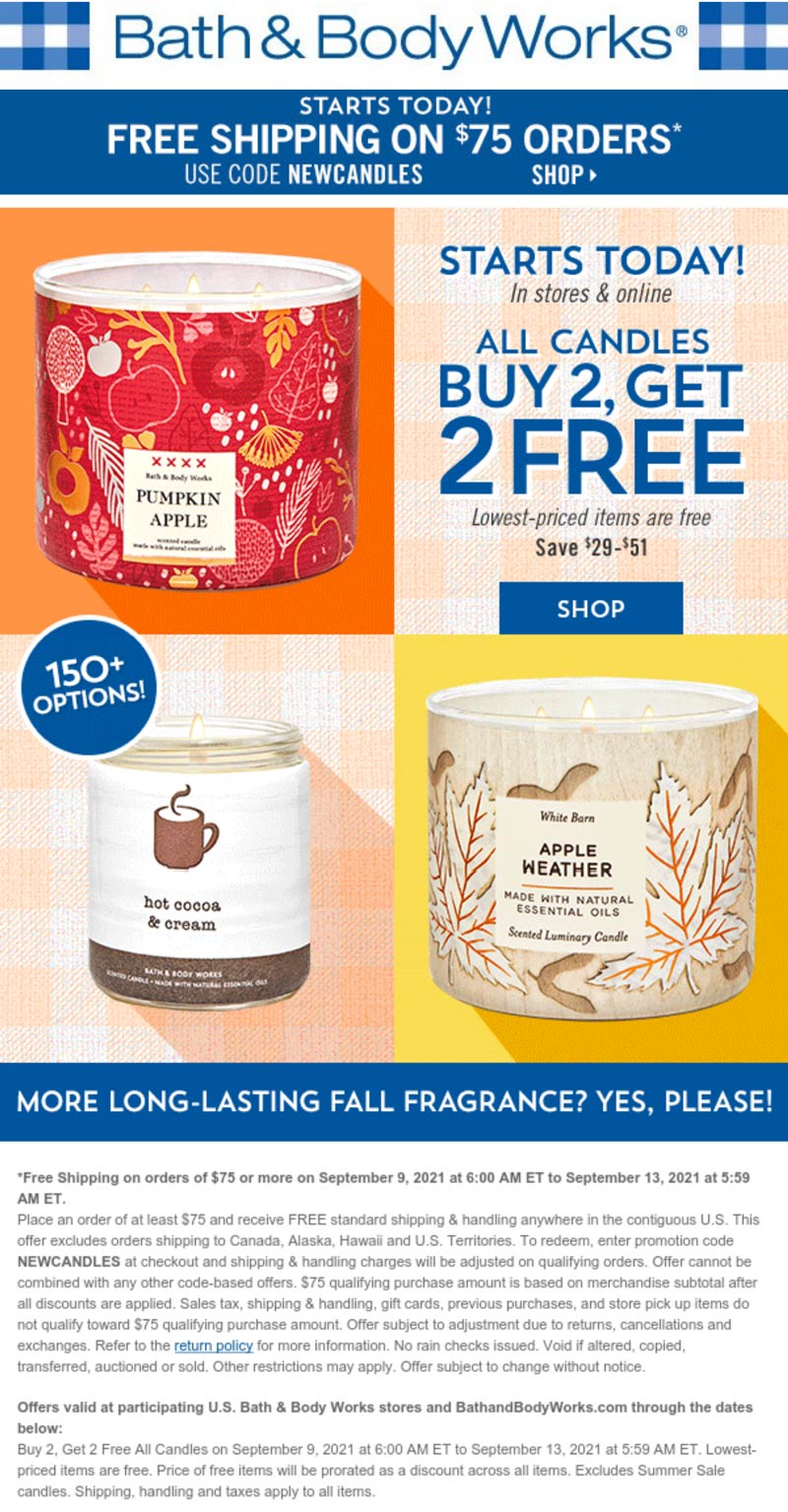 Bath & Body Works stores Coupon  4-for-2 on candles at Bath & Body Works, or online via promo code NEWCANDLES #bathbodyworks 