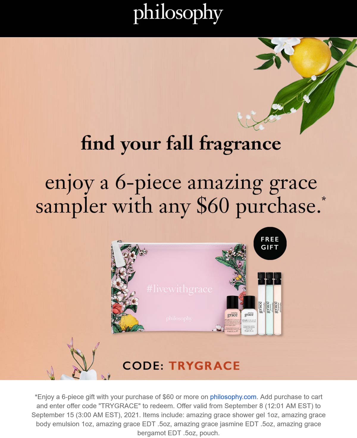 Philosophy stores Coupon  Free 6pc with $60 spent at Philosophy via promo code TRYGRACE #philosophy 