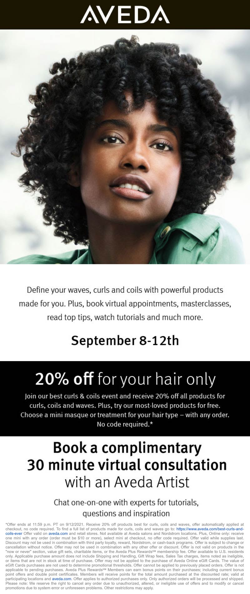 Aveda stores Coupon  20% off products best for curls, coils and waves at Aveda, ditto online #aveda 