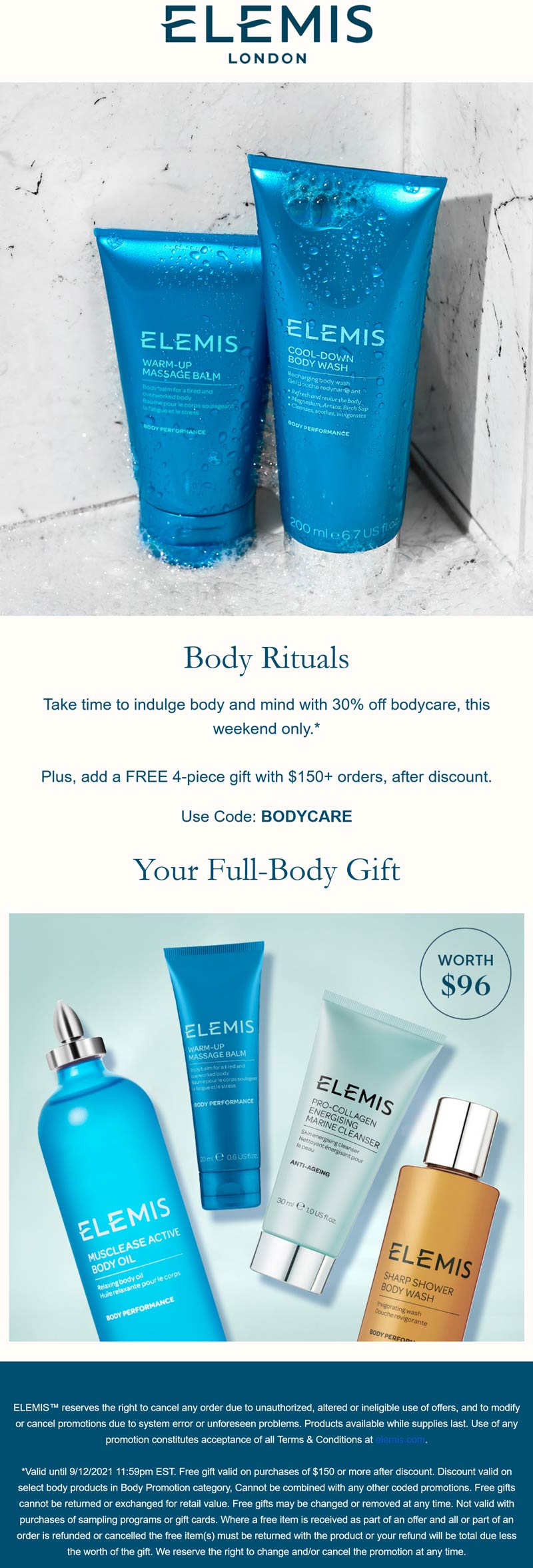 Elemis stores Coupon  30% off body care & free 4pc with $150 spent at Elemis via promo code BODYCARE #elemis 