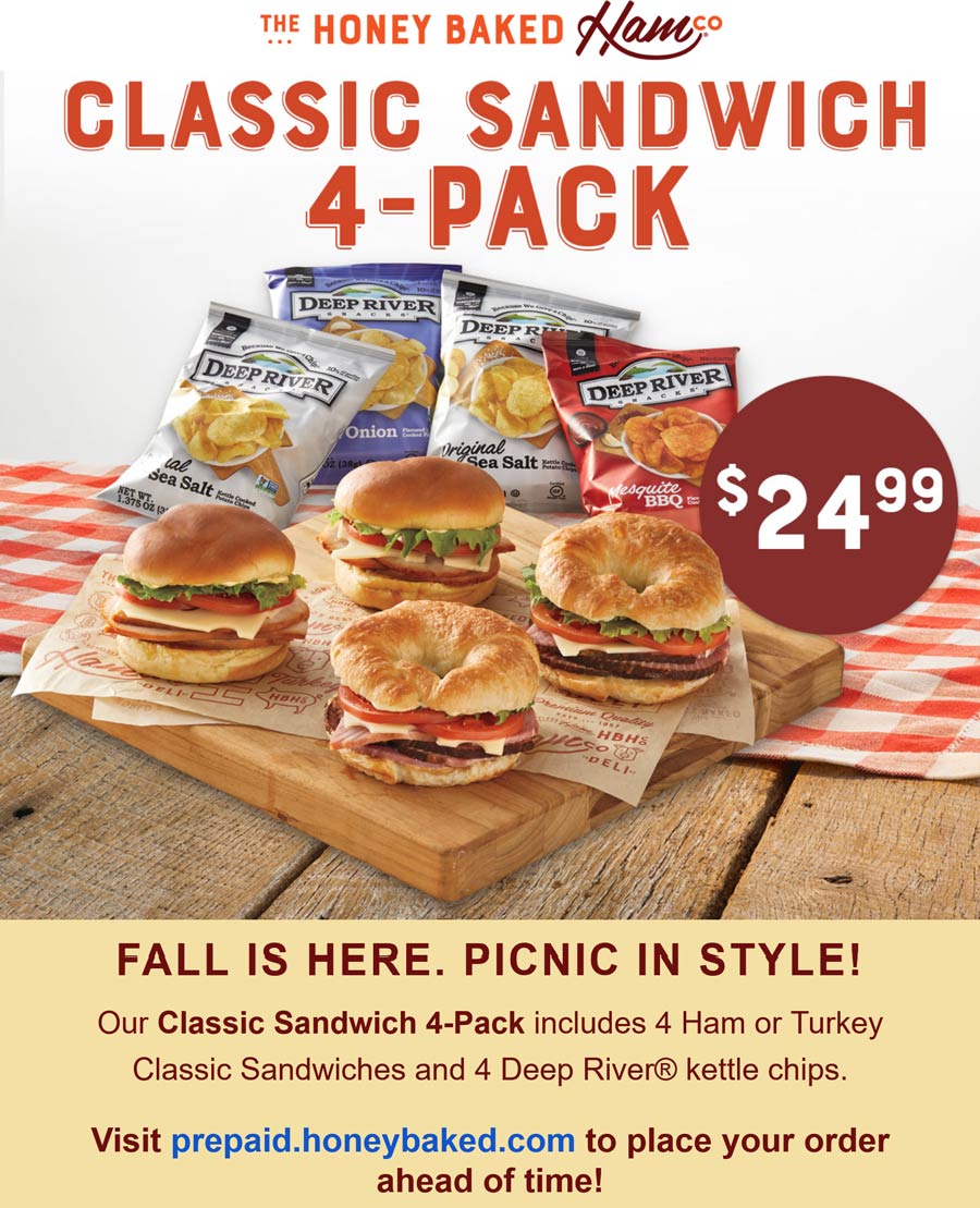 Honeybaked restaurants Coupon  4 sandwiches + 4 chips = $25 at Honeybaked Ham restaurants #honeybaked 