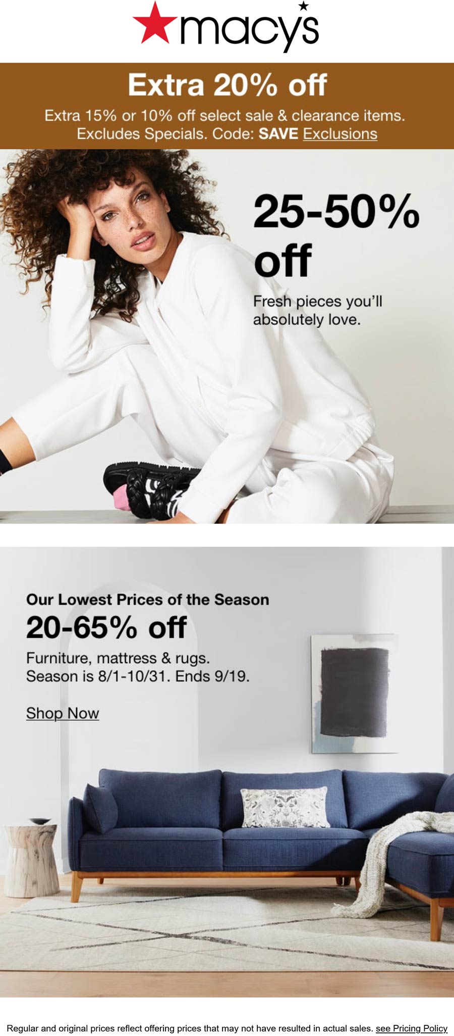 Macys stores Coupon  20-65% off furniture & extra 20% off sale items at Macys, or online via promo code SAVE #macys 