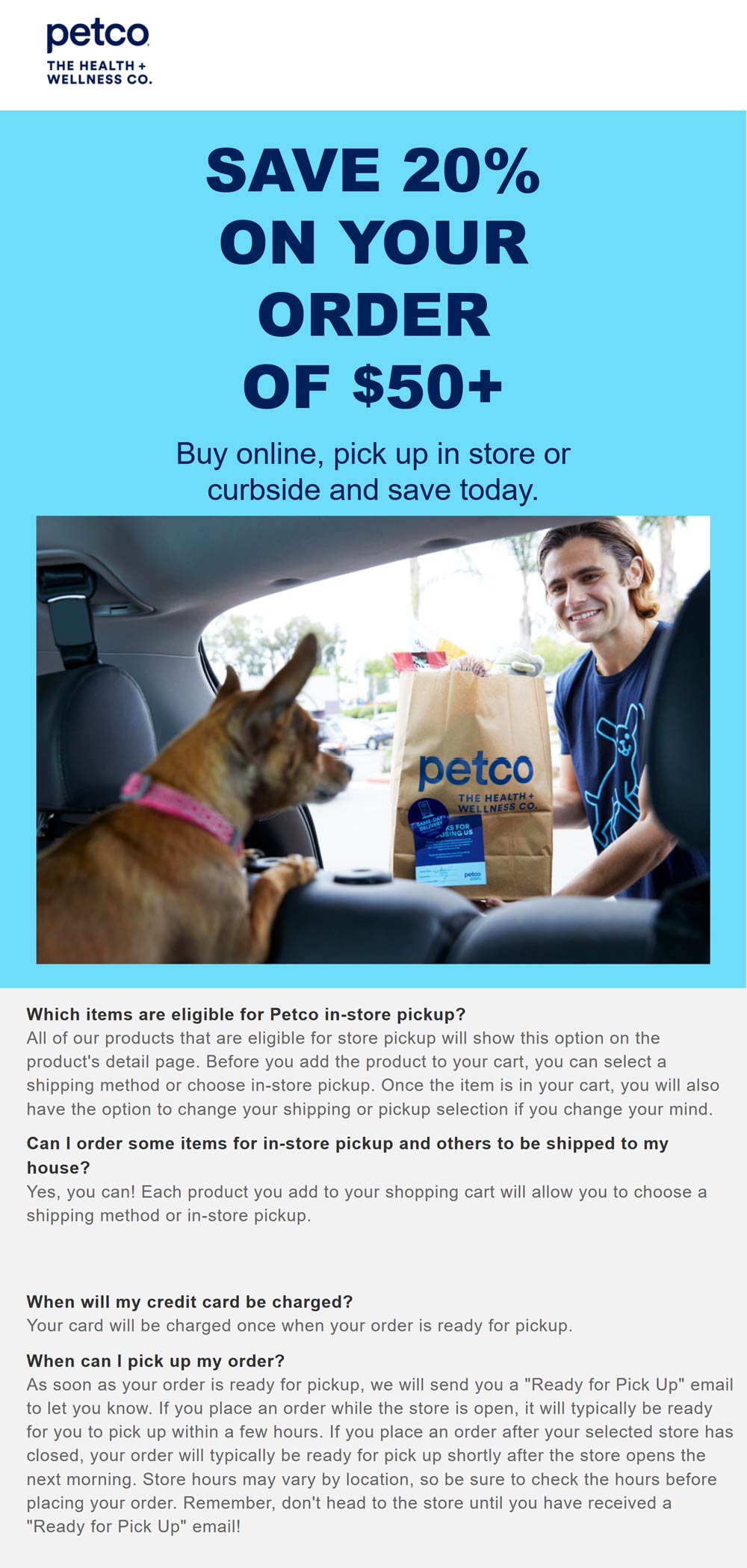 Petco stores Coupon  Curbside pickup is 20% off $50 at Petco #petco 