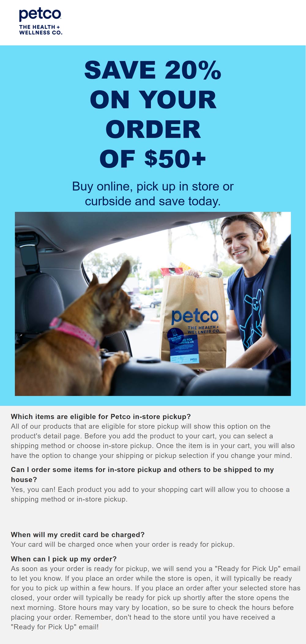 Curbside pickup is 20 off 50 at Petco petco The Coupons App®