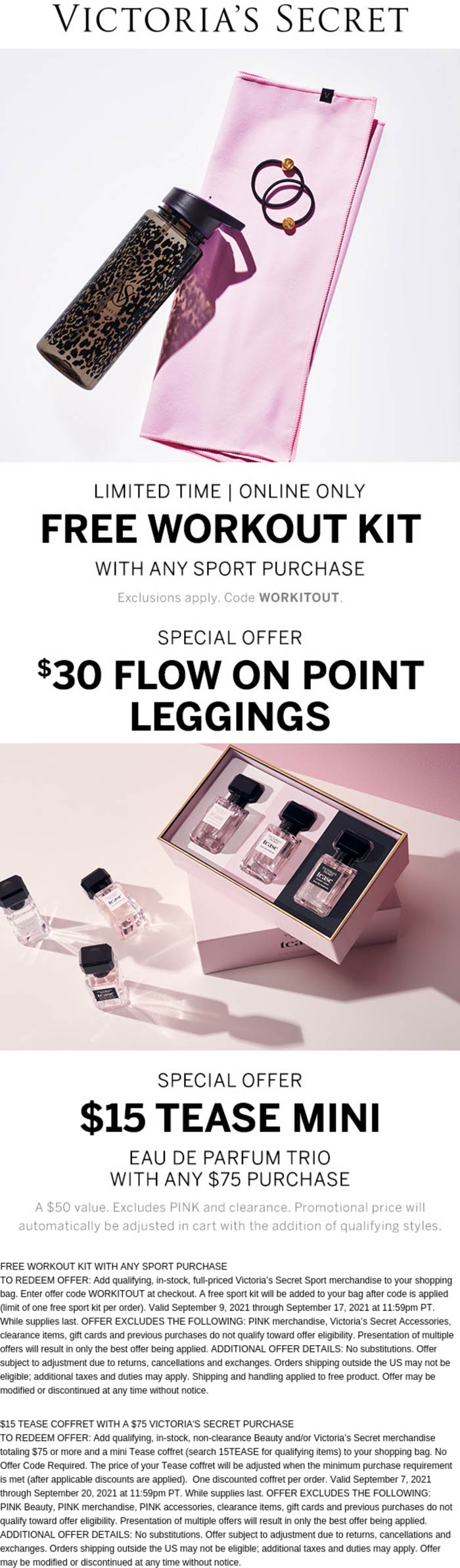 Victorias Secret stores Coupon  Free workout kit with any sport purchase & more at Victorias Secret via promo code WORKITOUT #victoriassecret 