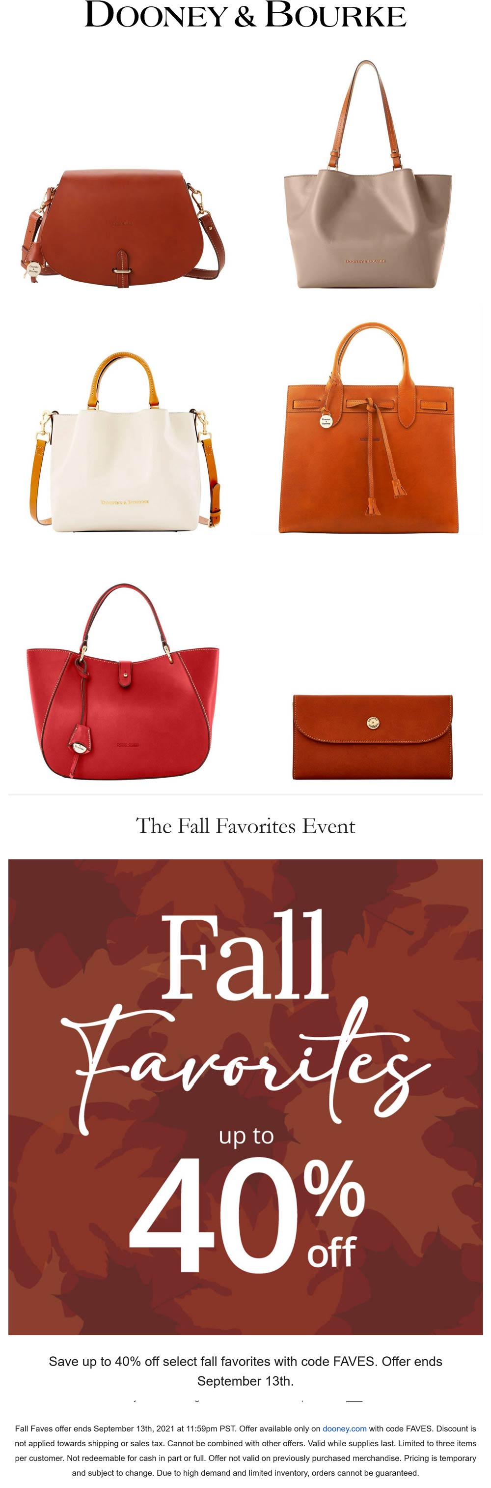 Dooney & Bourke stores Coupon  40% off fall faves at Dooney & Bourke via promo code FAVES #dooneybourke 