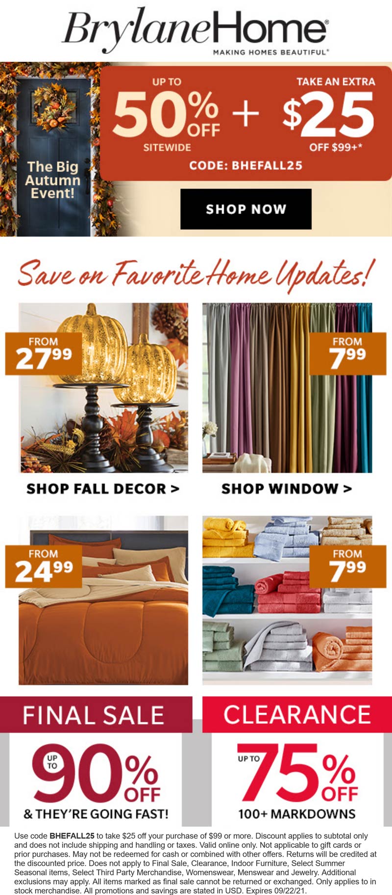 Brylane Home stores Coupon  $25 off $99 & more at Brylane Home via promo code BHEFALL25 #brylanehome 