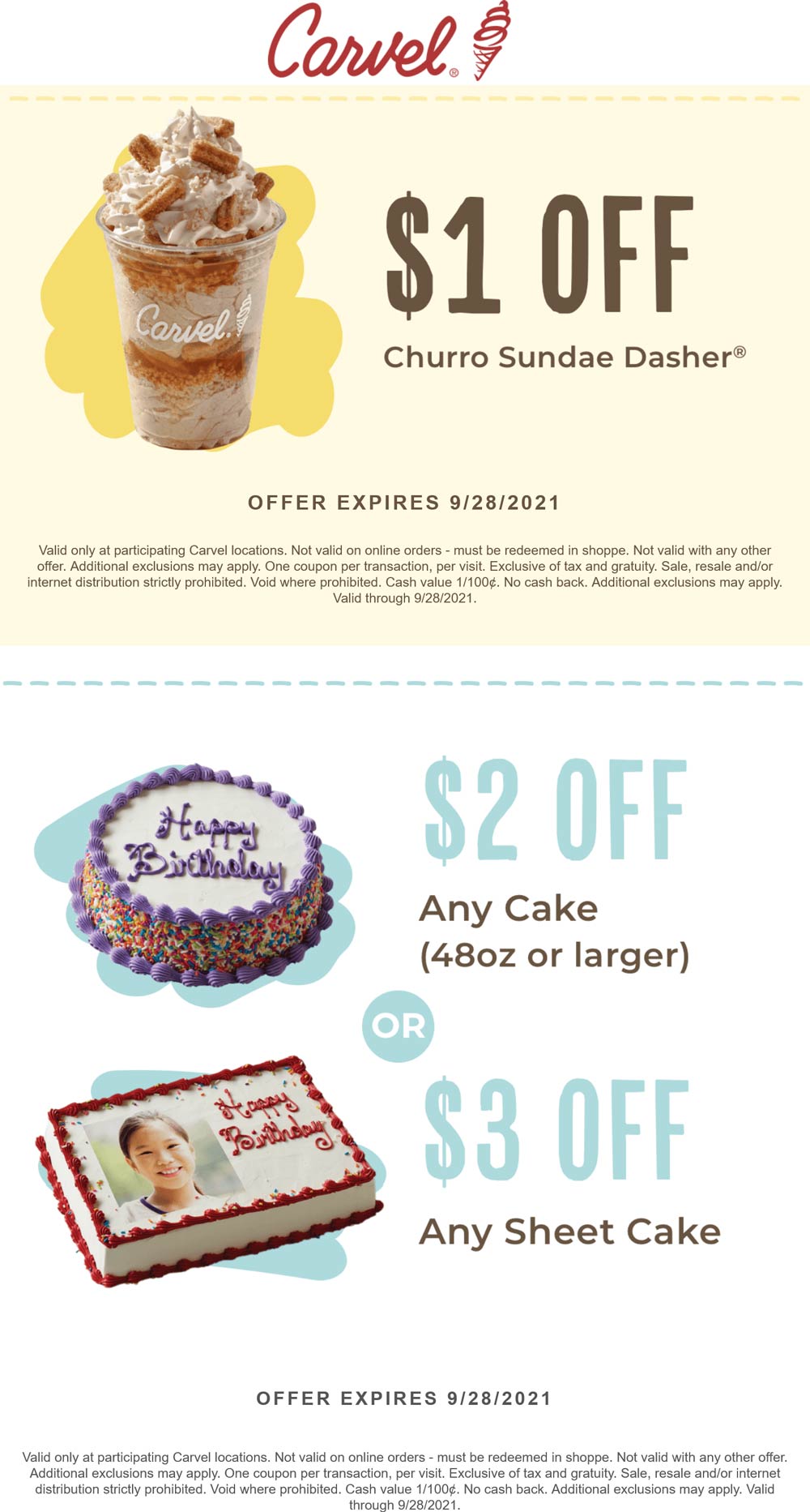 Carvel restaurants Coupon  $1 off ice cream sundae dasher & $2-$3 off cakes at Carvel #carvel 