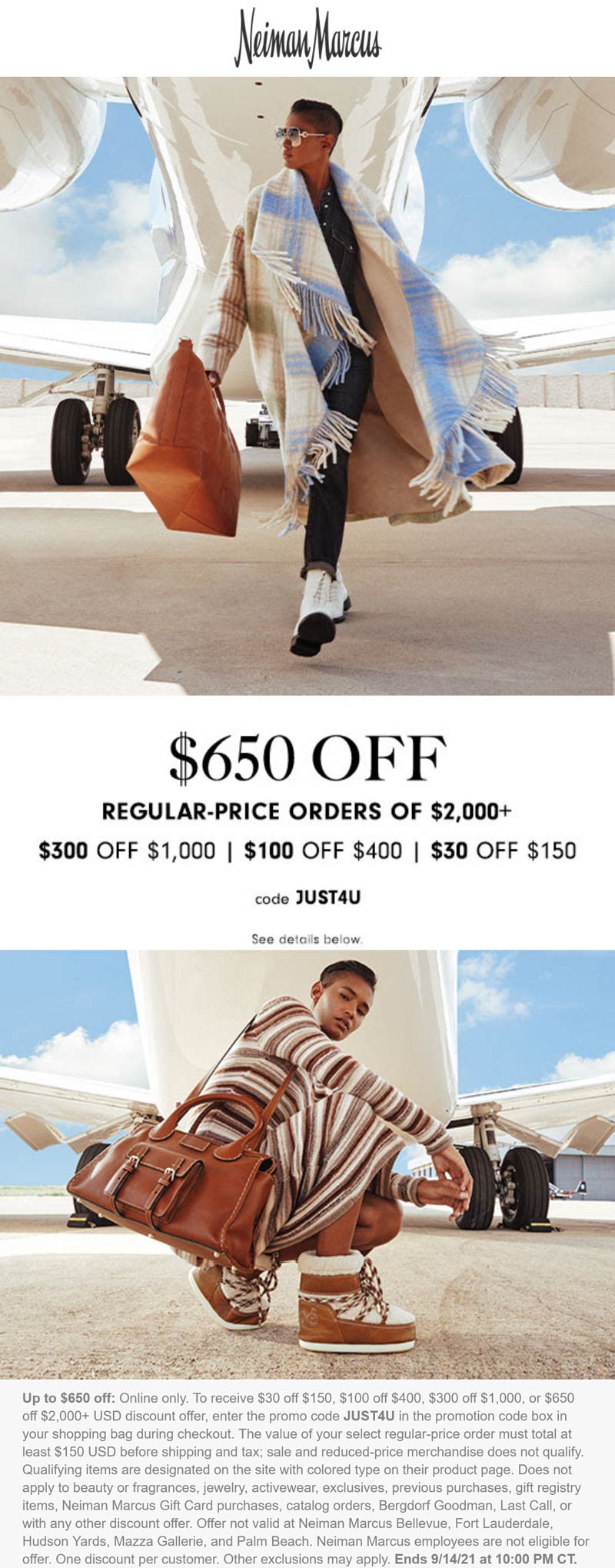 Neiman Marcus stores Coupon  $30-$650 off $150+ today at Neiman Marcus via promo code JUST4U #neimanmarcus 