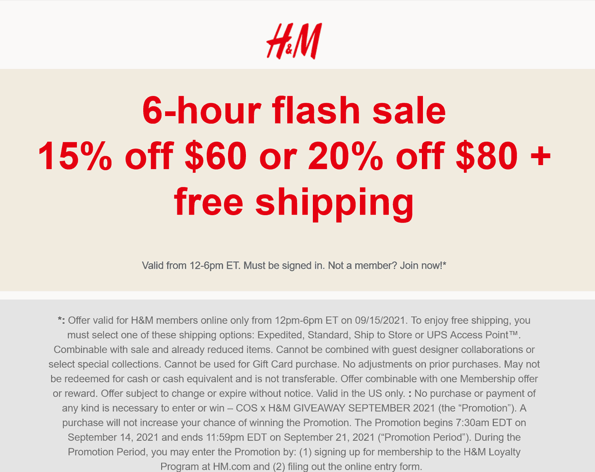 H&M stores Coupon  15-20% off online til 6p today at H&M #hm 