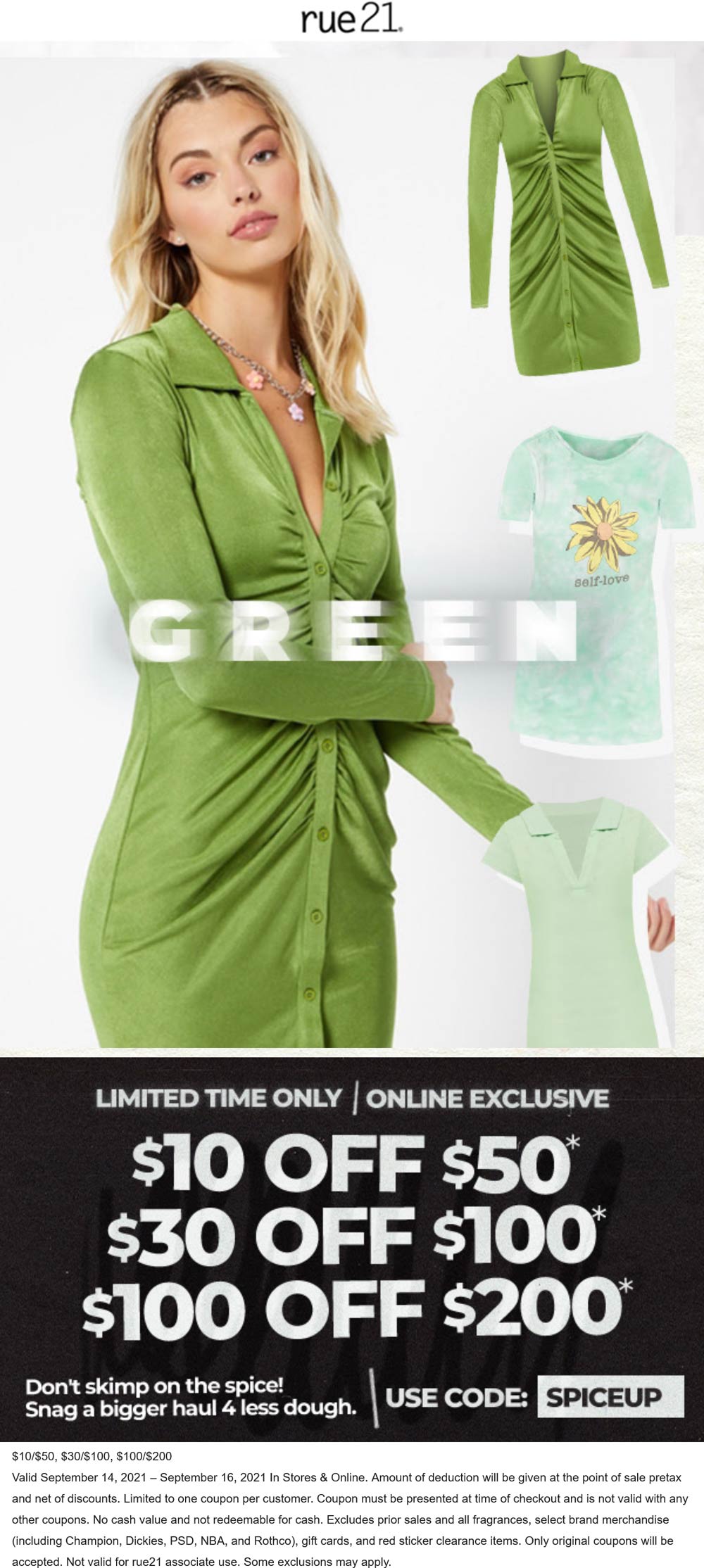 rue21 stores Coupon  $10 off $50 & more at rue21, or online via promo code SPICEUP #rue21 