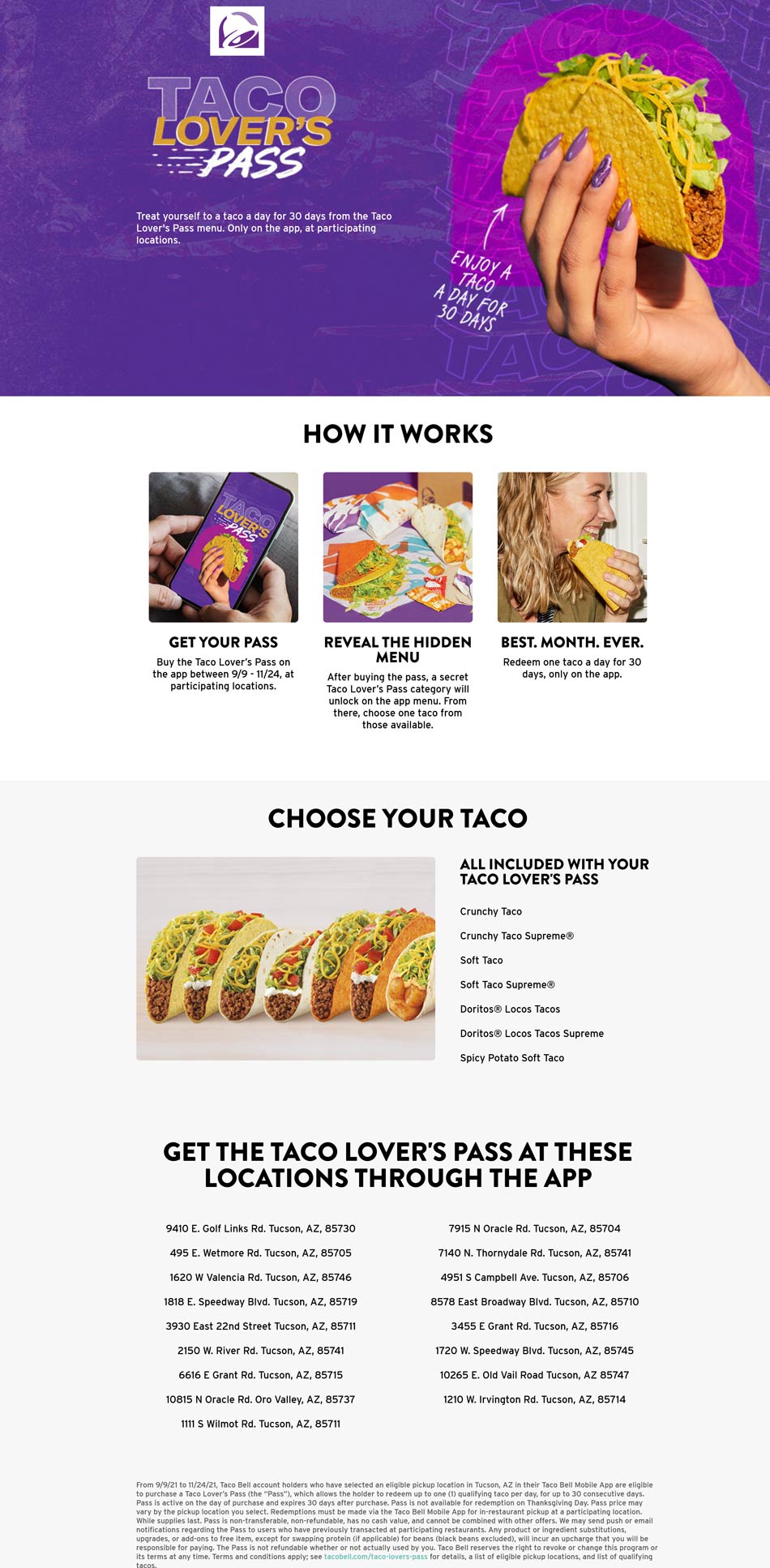 Taco Bell restaurants Coupon  $5-$10 monthly taco lovers pass redeemable for 1 taco daily at various Taco Bell locations #tacobell 
