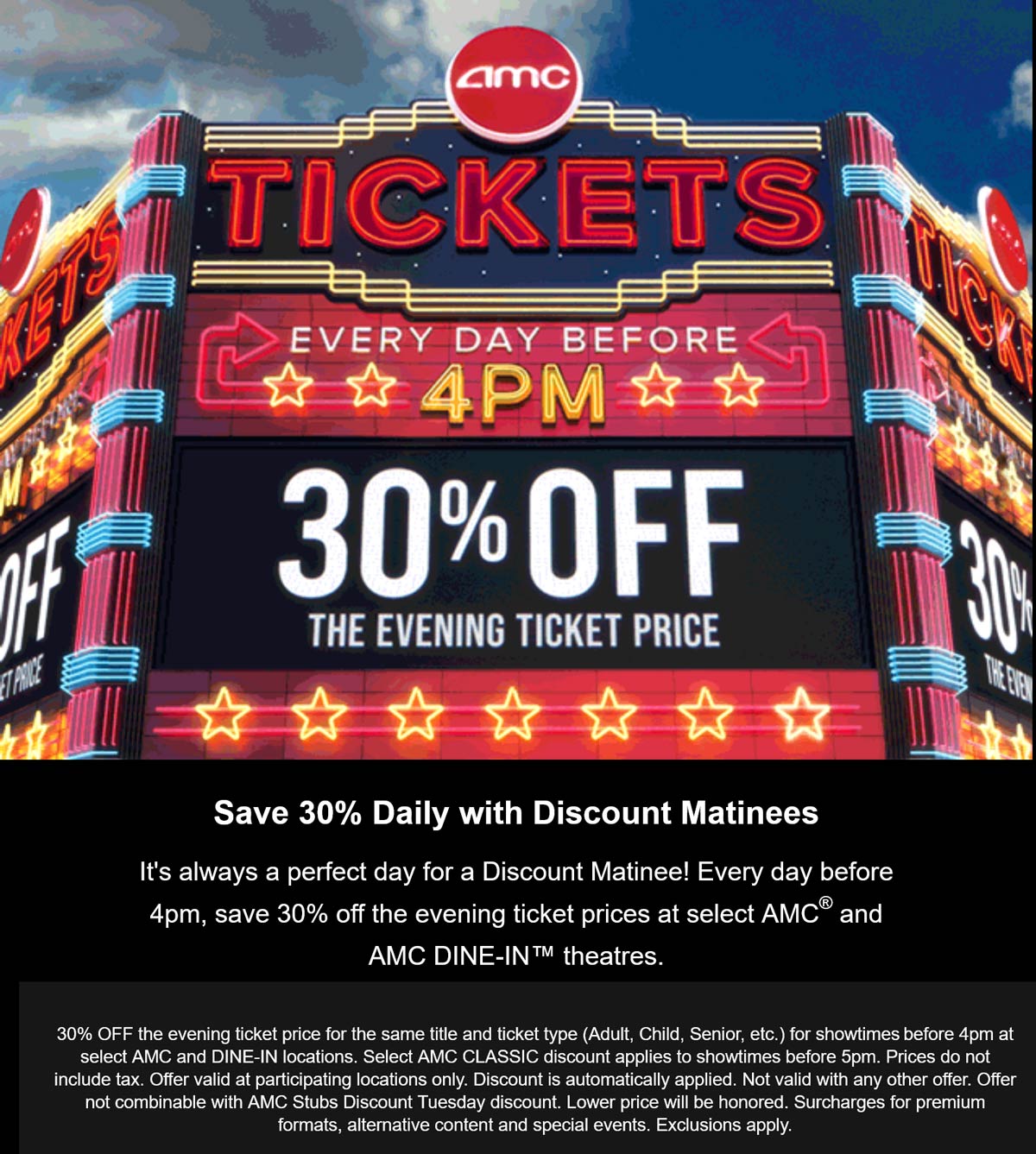 AMC Theatres stores Coupon  30% off tickets before 4p daily at AMC Theatres #amctheatres 
