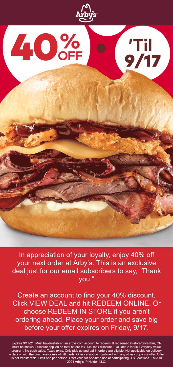 40 off for members at Arbys restaurants arbys The Coupons App®