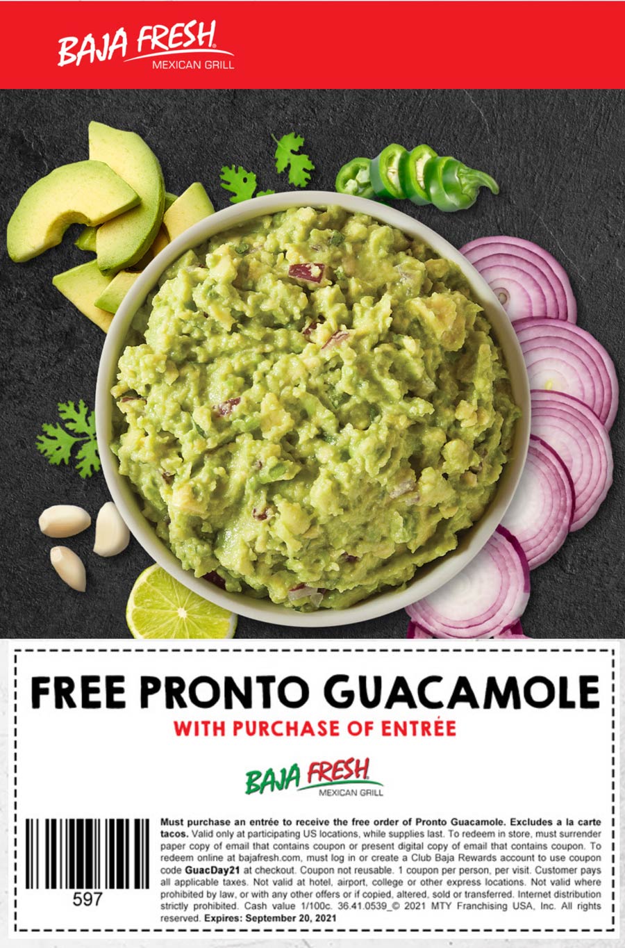 Baja Fresh restaurants Coupon  Free guacamole with your entree at Baja Fresh via promo code GuacDay21 #bajafresh 