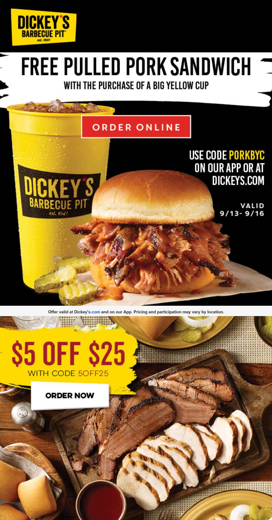 Dickeys Barbecue Pit restaurants Coupon  Free pulled pork sandwich with your yellow cup & more today at Dickeys Barbecue Pit #dickeysbarbecuepit 