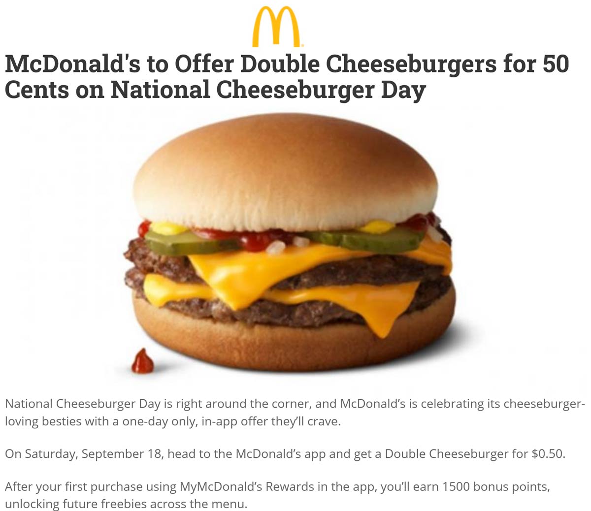 McDonalds restaurants Coupon  .50 cent double cheeseburger Saturday at McDonalds #mcdonalds 