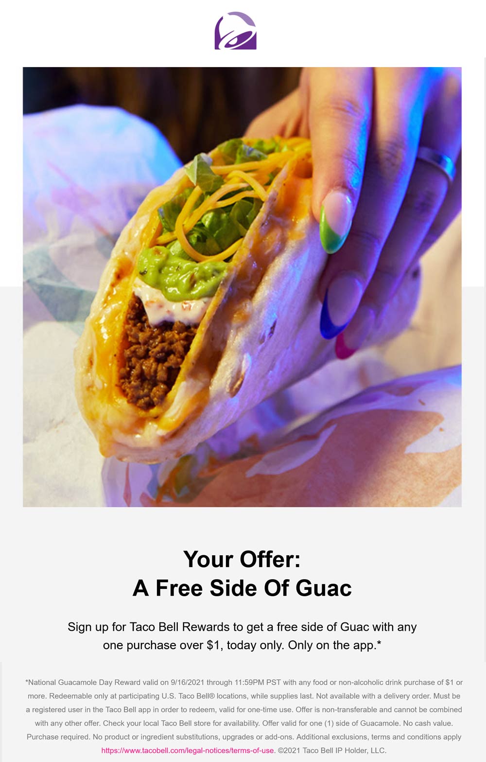 Taco Bell restaurants Coupon  Free guacamole with $1 spent today at Taco Bell restaurants #tacobell 