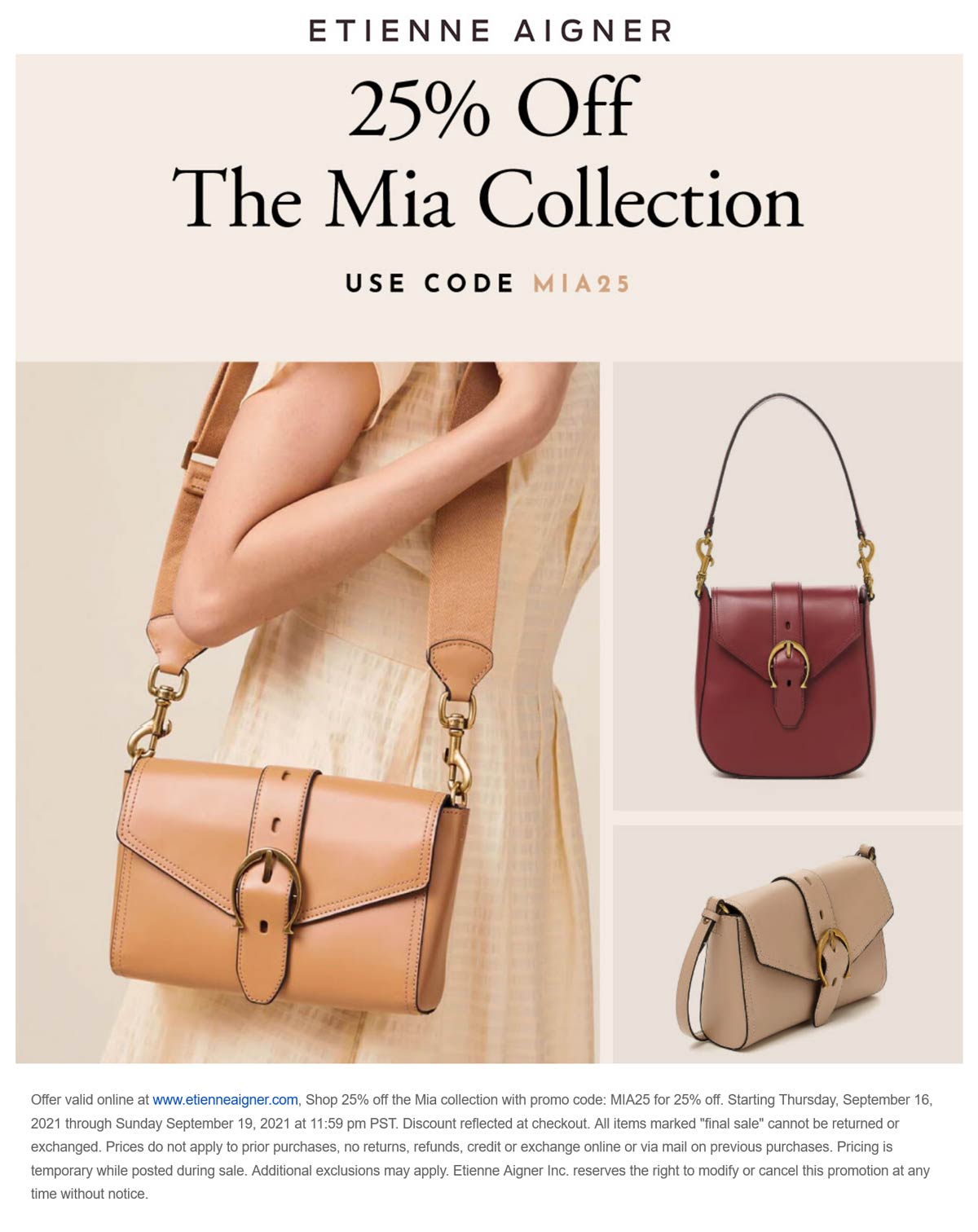 Etienne Aigner stores Coupon  25% off the Mia collection at Etienne Aigner with promo code MIA25 #etienneaigner 