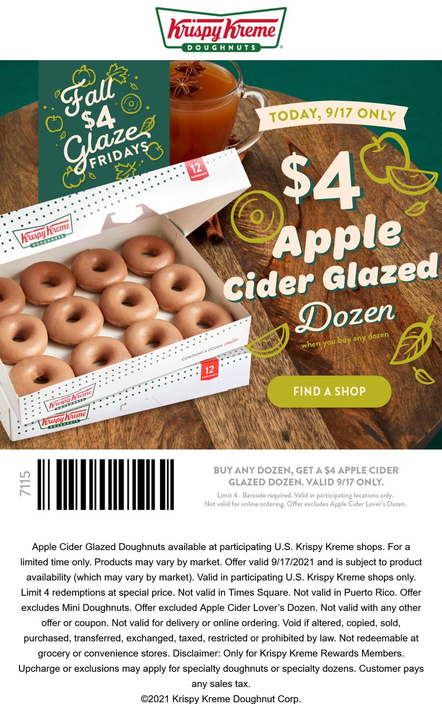 Krispy Kreme restaurants Coupon  Second dozen apple cider glazed doughnuts $4 today at Krispy Kreme #krispykreme 