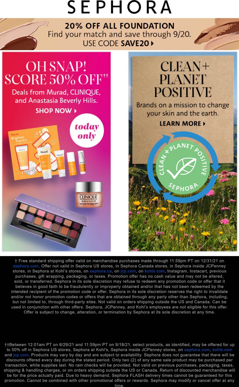 Sephora 20% off all foundations at Sephora via promo code SAVE20 #sephora Sephora stores Coupon 20% off all foundations at Sephora via promo code SAVE20 #sephora