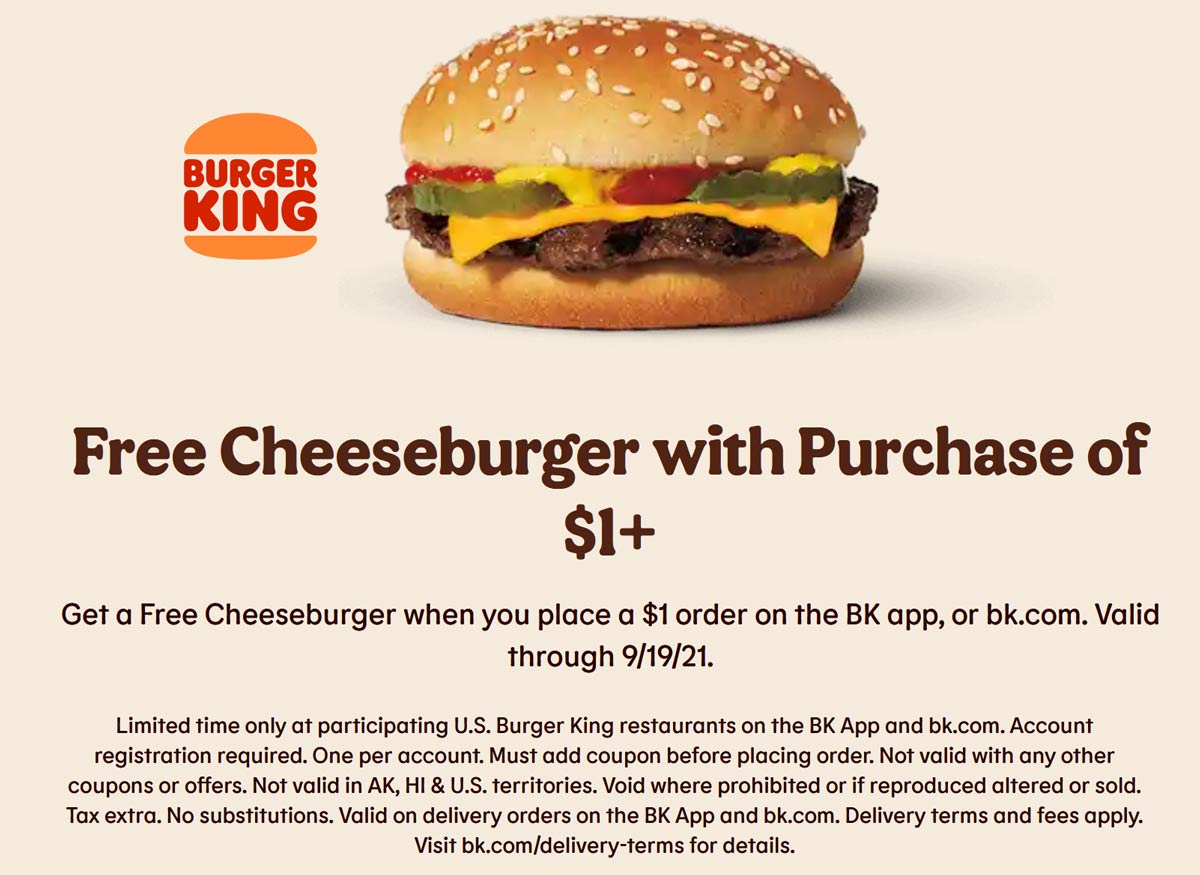 Burger King restaurants Coupon  Free cheeseburger with $1 spent online at Burger King #burgerking 
