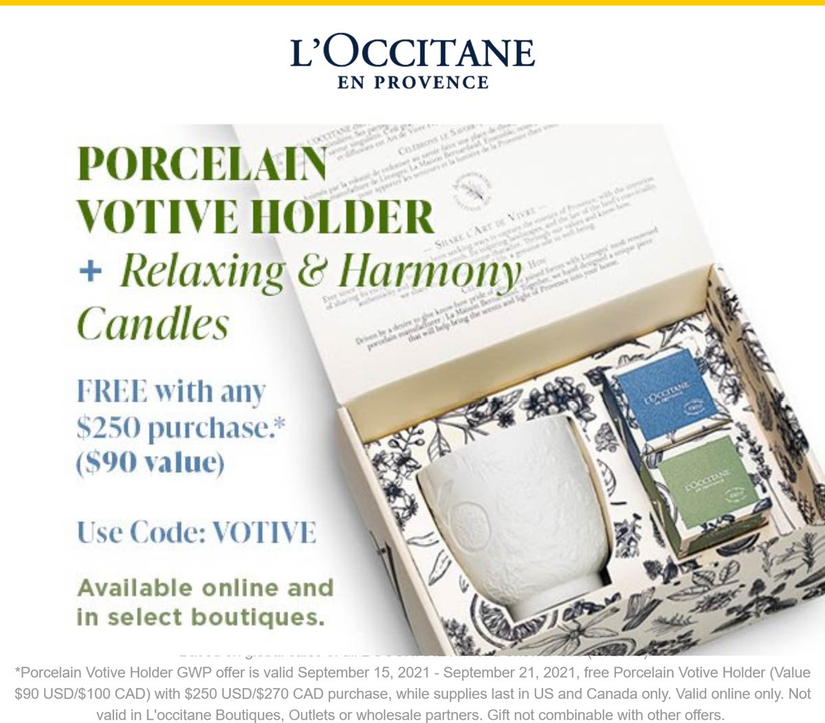 LOccitane stores Coupon  Free porcelain holder & candle set with $250 spent online at LOccitane via promo code VOTIVE #loccitane 