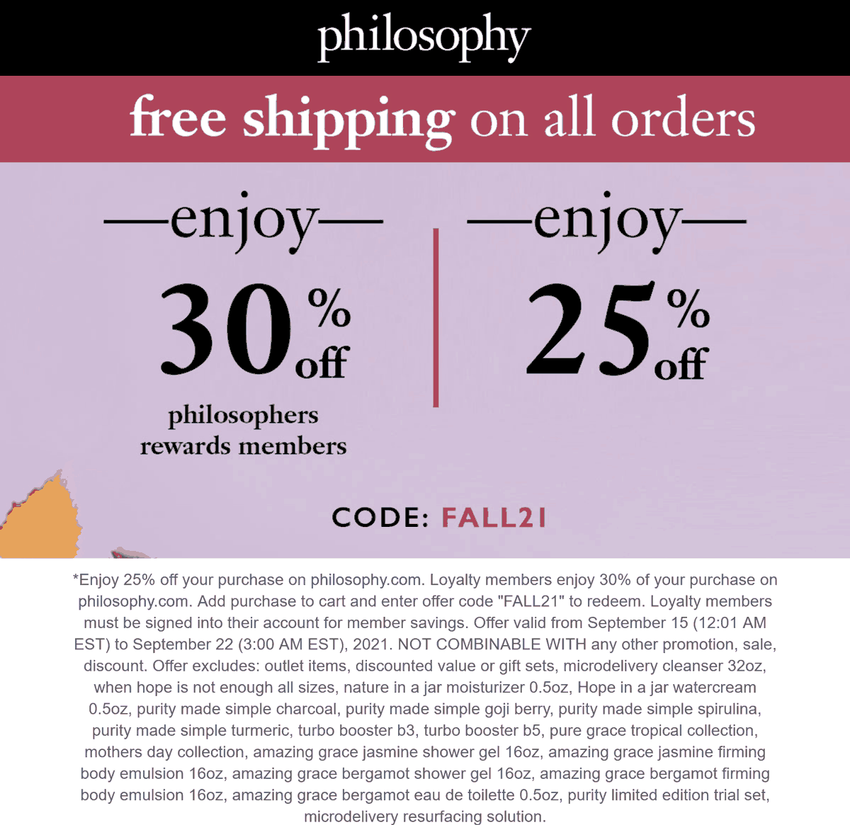 Philosophy stores Coupon  25% off everything online at Philosophy via promo code FALL21 #philosophy 